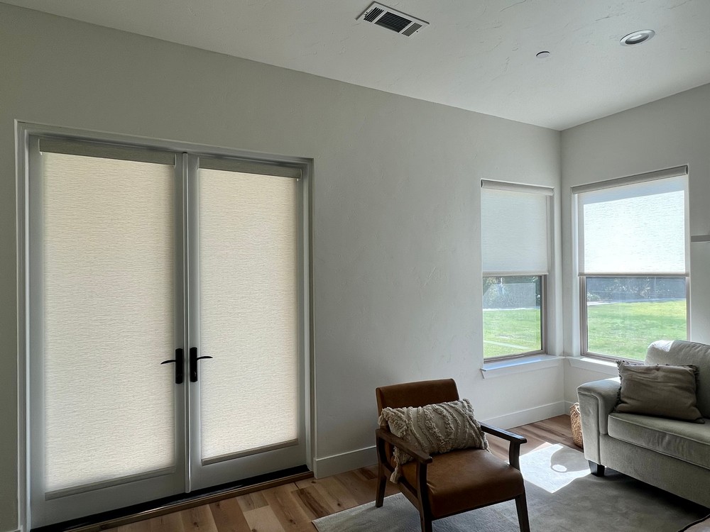 Alluring Roller Shades in Master Bathroom, Living Room, and French Doors on Kings Crossing in Clovis, CA